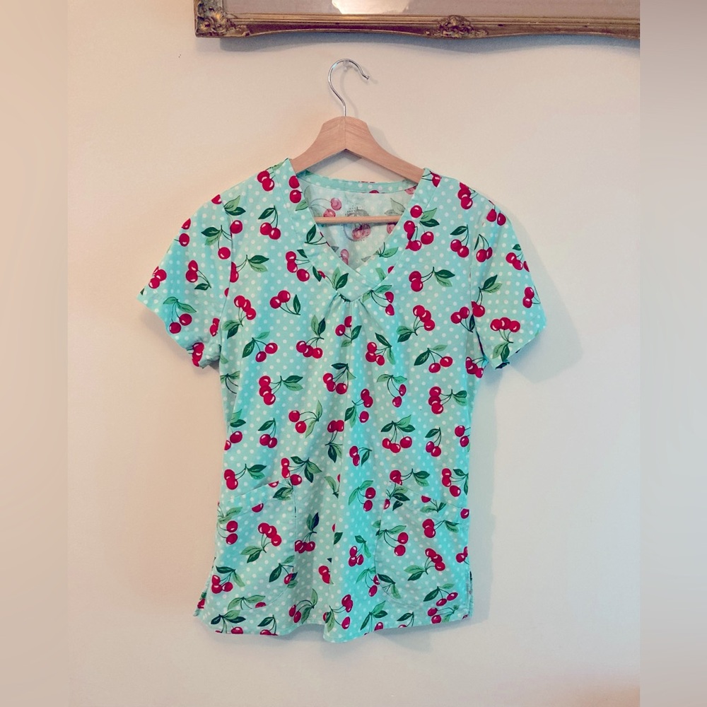 Health Pro • Cherry Scrub Shirt Polka Dot Retro Style Nurse Top Size Small